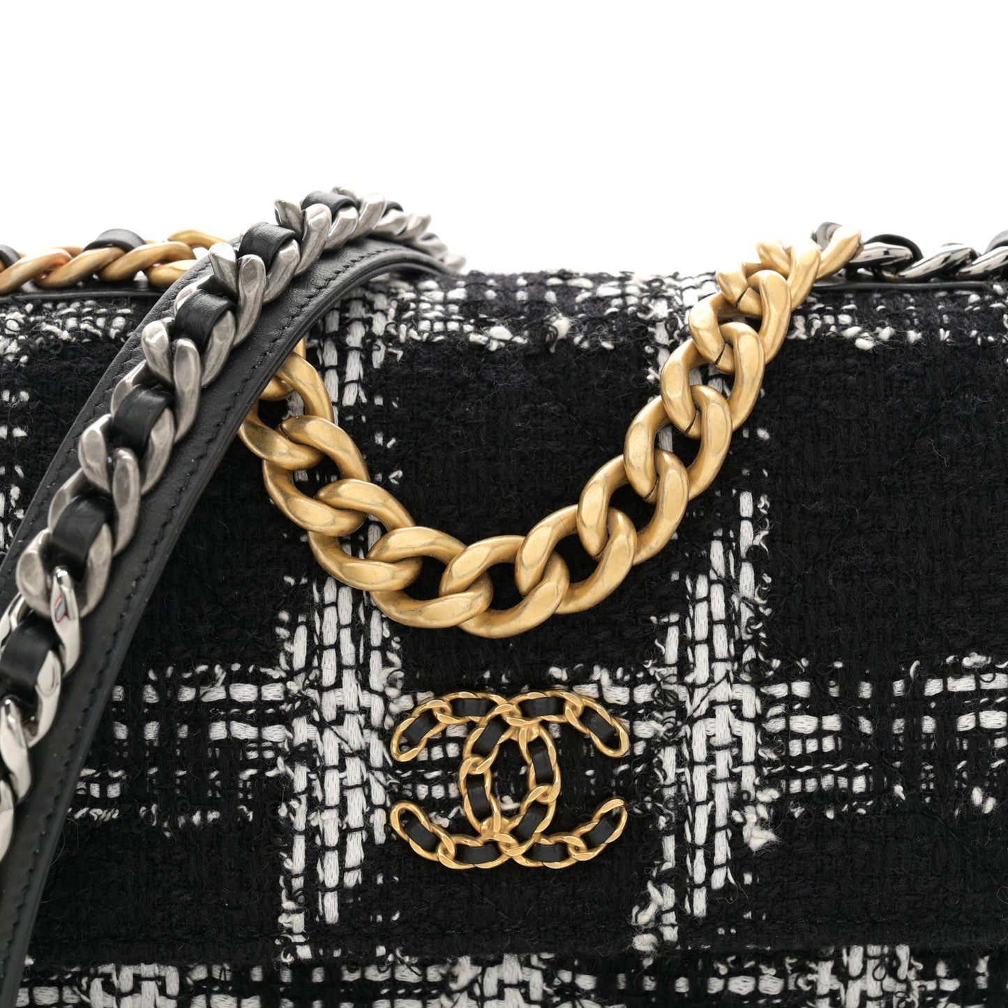Tweed Quilted Chanel 19 Wallet On Chain WOC Black White