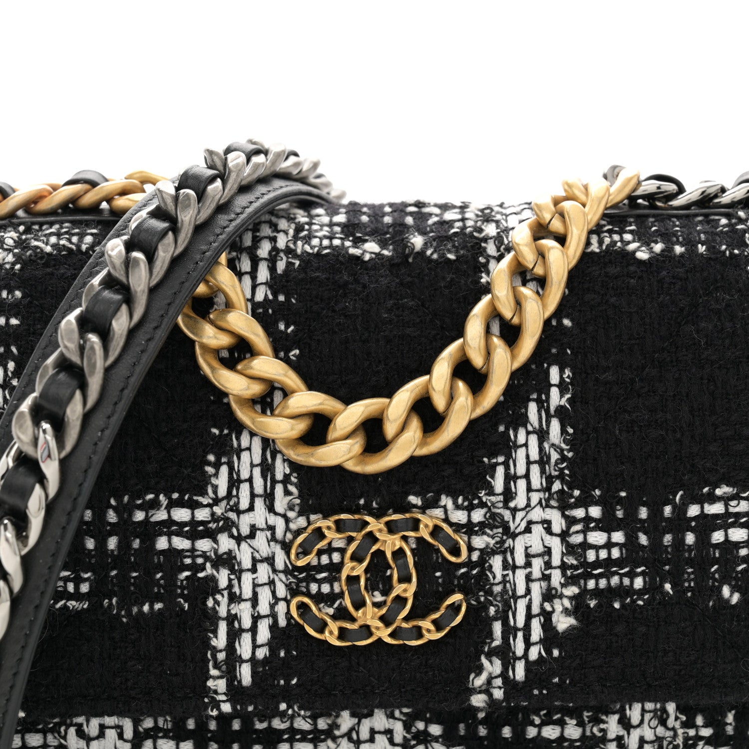 Chanel Tweed Quilted Chanel 19 Wallet On Chain WOC Black White 9 of 12
