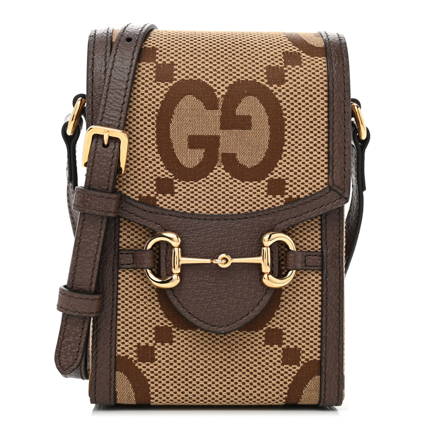 Gucci Monogram Jumbo GG Textured Dollar Calfskin Mini Horsebit 1955 Crossbody Bag Camel Ebony New Acero 1 of 9