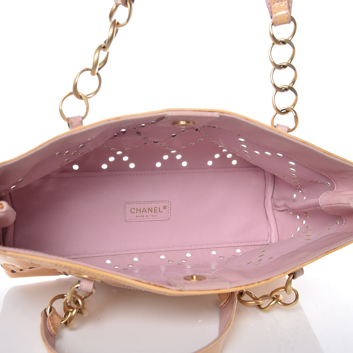Patent Perforated CC Shopping Tote Beige