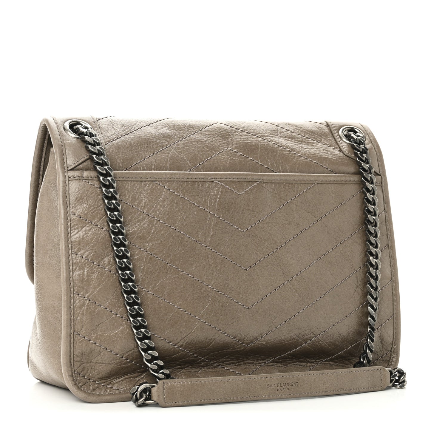 Crinkled Calfskin Matelasse Monogram Medium Niki Chain Satchel Greyish Brown