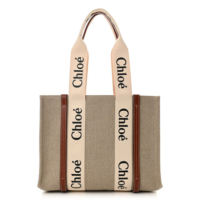 Chloe Linen Calfskin Medium Woody Ribbon Tote White Brown 1 of 10