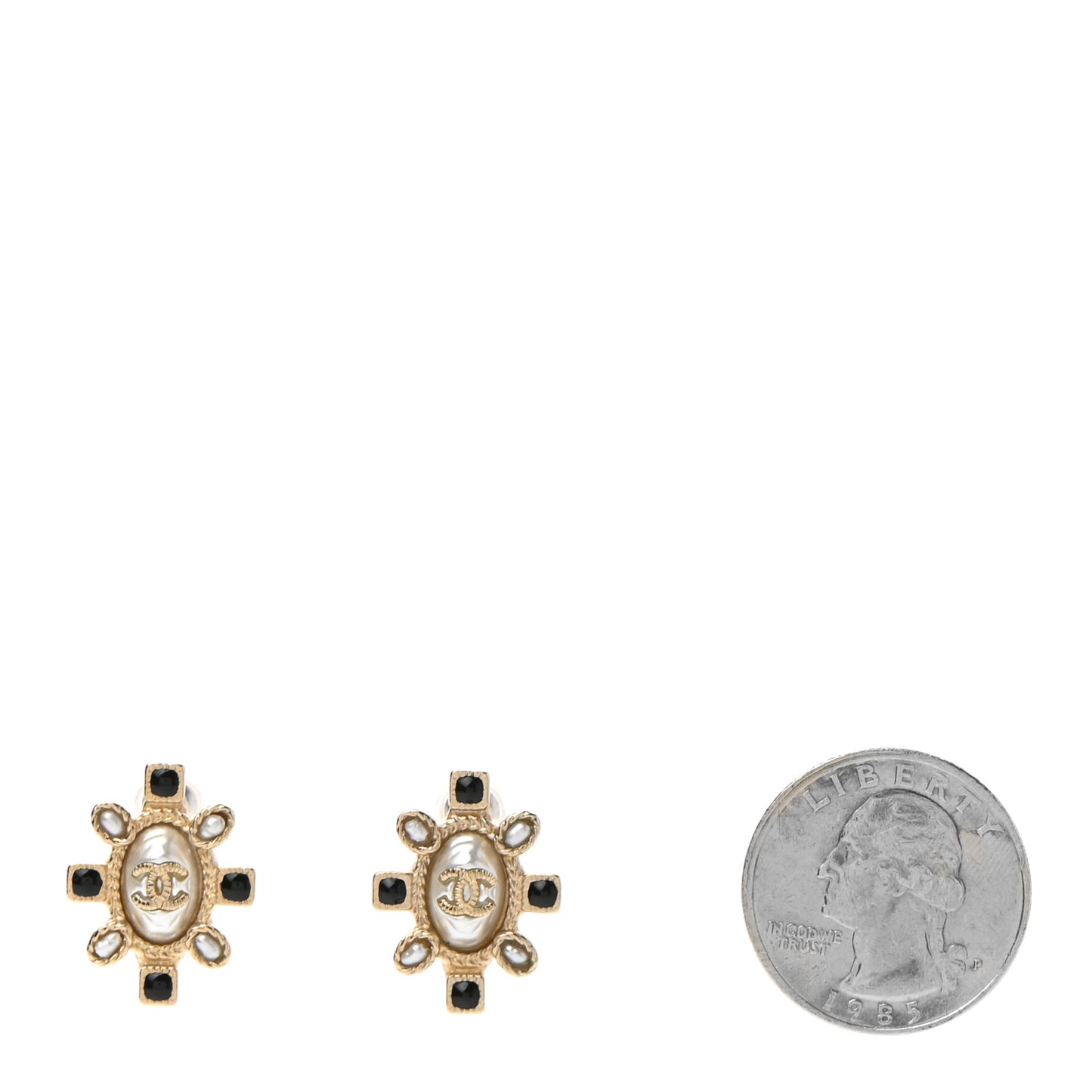 Enamel Pearl CC Earrings Black Gold