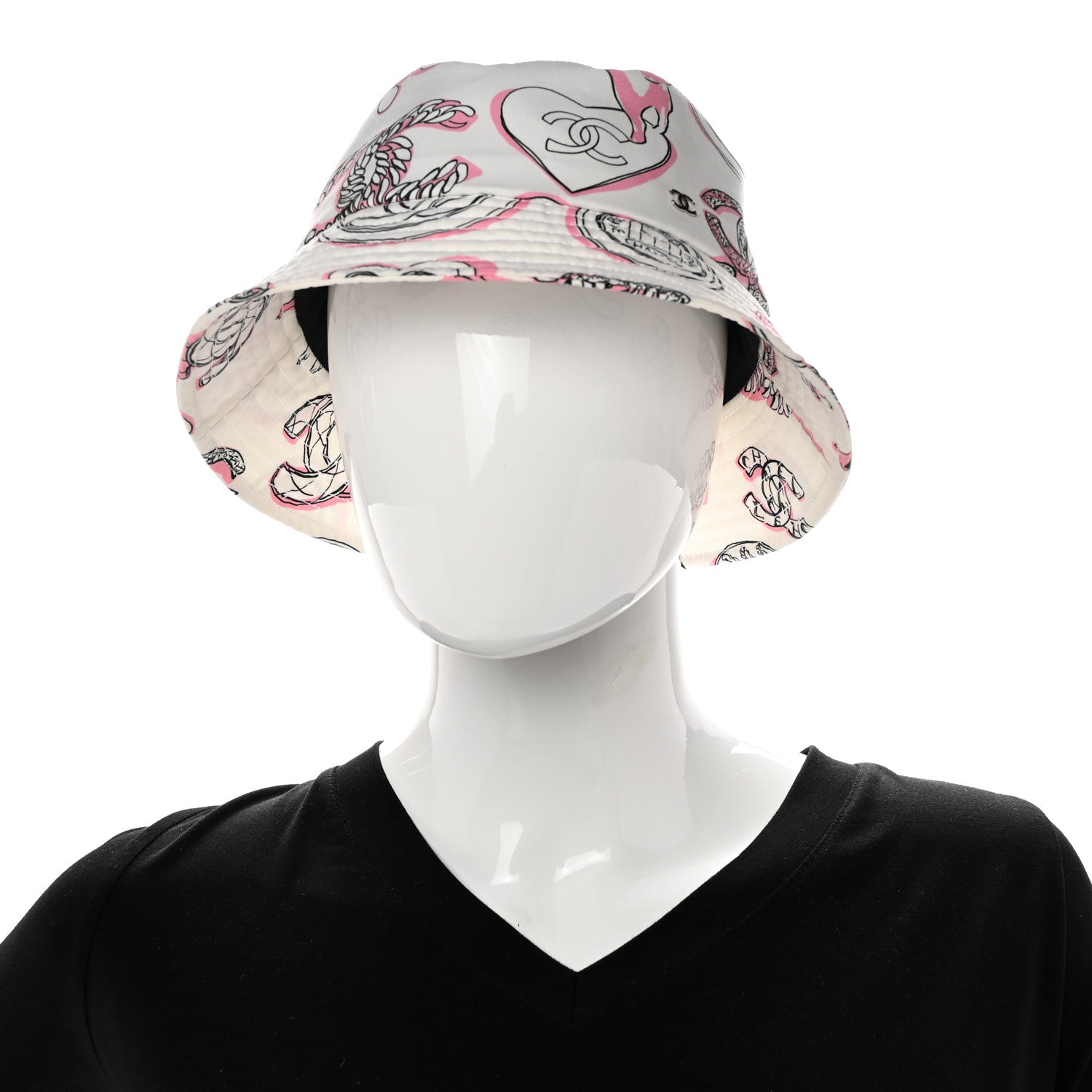 Chanel Cotton Heart Print Bucket Hat M White Rose 2 of 9