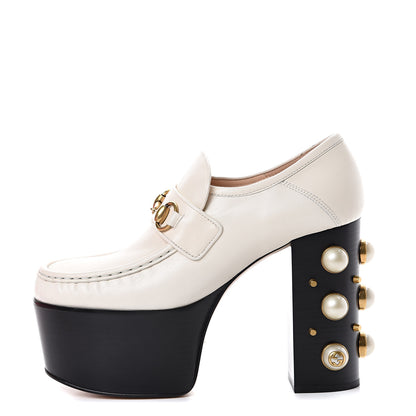 Gucci Malaga Kid Pearl Studded Vegas Platform Loafers 38.5 Mystic White 1 of 10