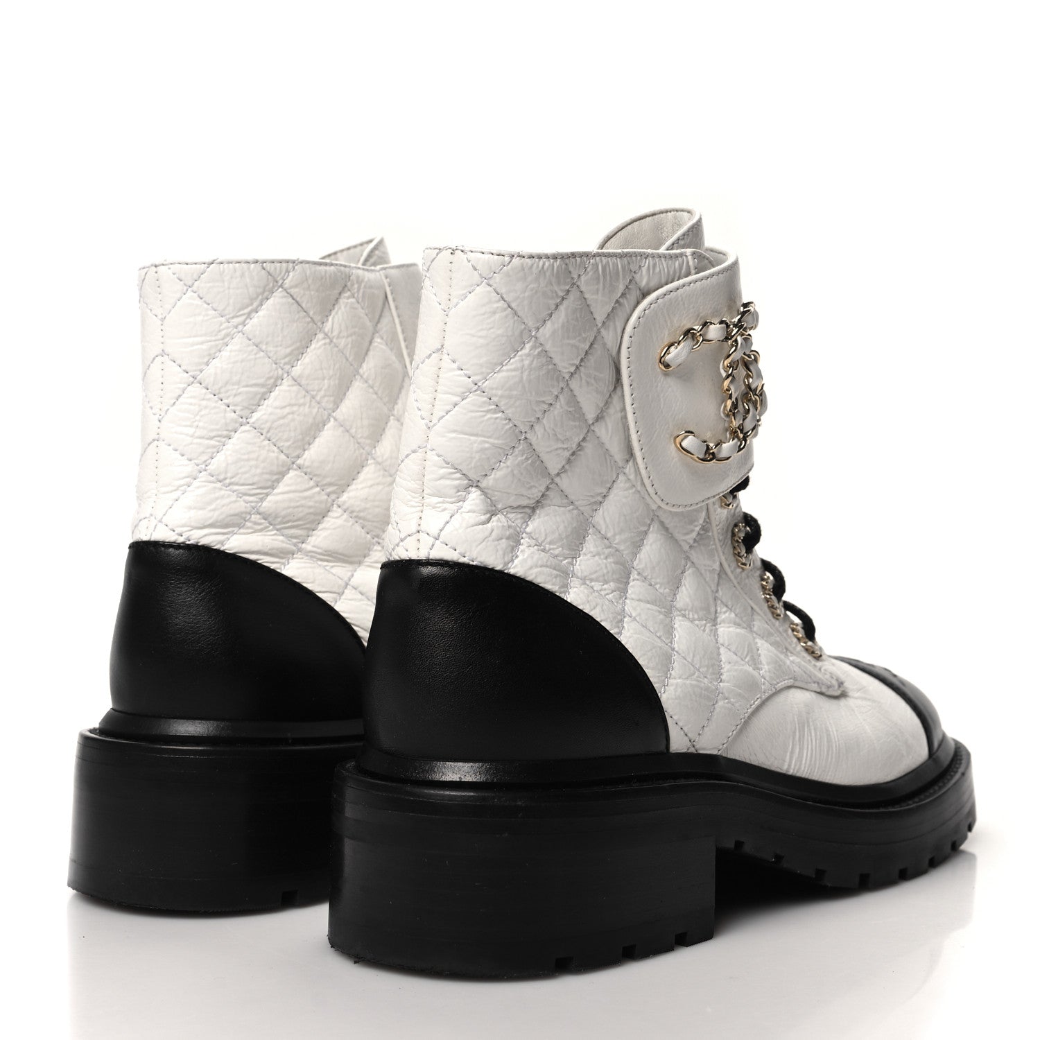 Chanel Shiny Lambskin Quilted Lace Up Combat Boots 36 White Black 4 of 7