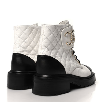 Chanel Shiny Lambskin Quilted Lace Up Combat Boots 36 White Black 4 of 7