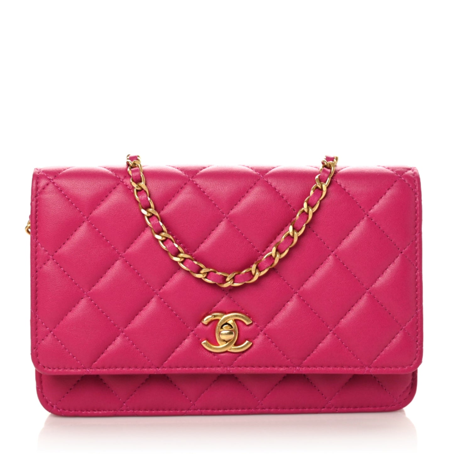 Lambskin Quilted CC Pearl Crush Wallet on Chain WOC Dark Pink