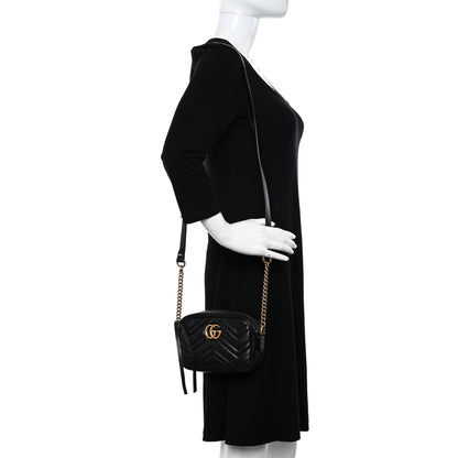 Gucci Calfskin Matelasse Mini GG Marmont Chain Shoulder Bag Black 2 of 12