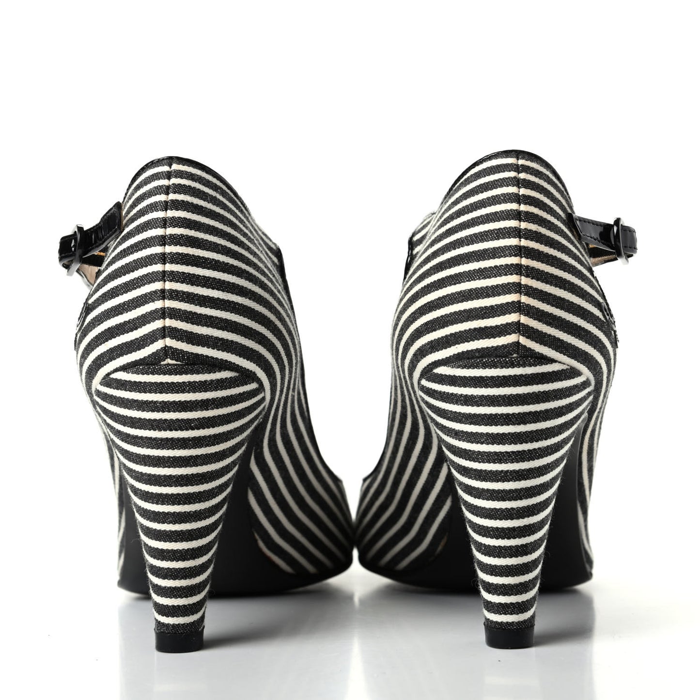 Fabric Striped Patent Cap Toe Ankle Strap Pumps 37.5 Black White