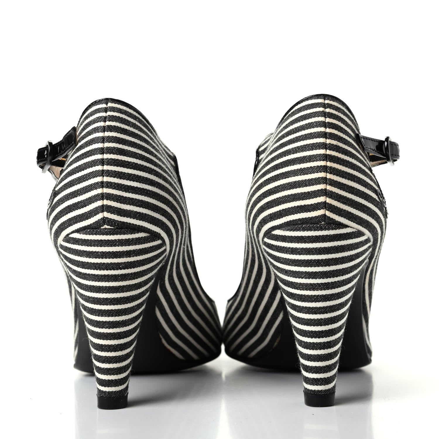 Chanel Fabric Striped Patent Cap Toe Ankle Strap Pumps 37.5 Black White 7 of 11