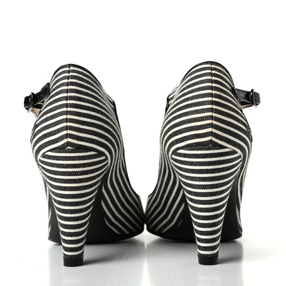 Chanel Fabric Striped Patent Cap Toe Ankle Strap Pumps 37.5 Black White 7 of 11