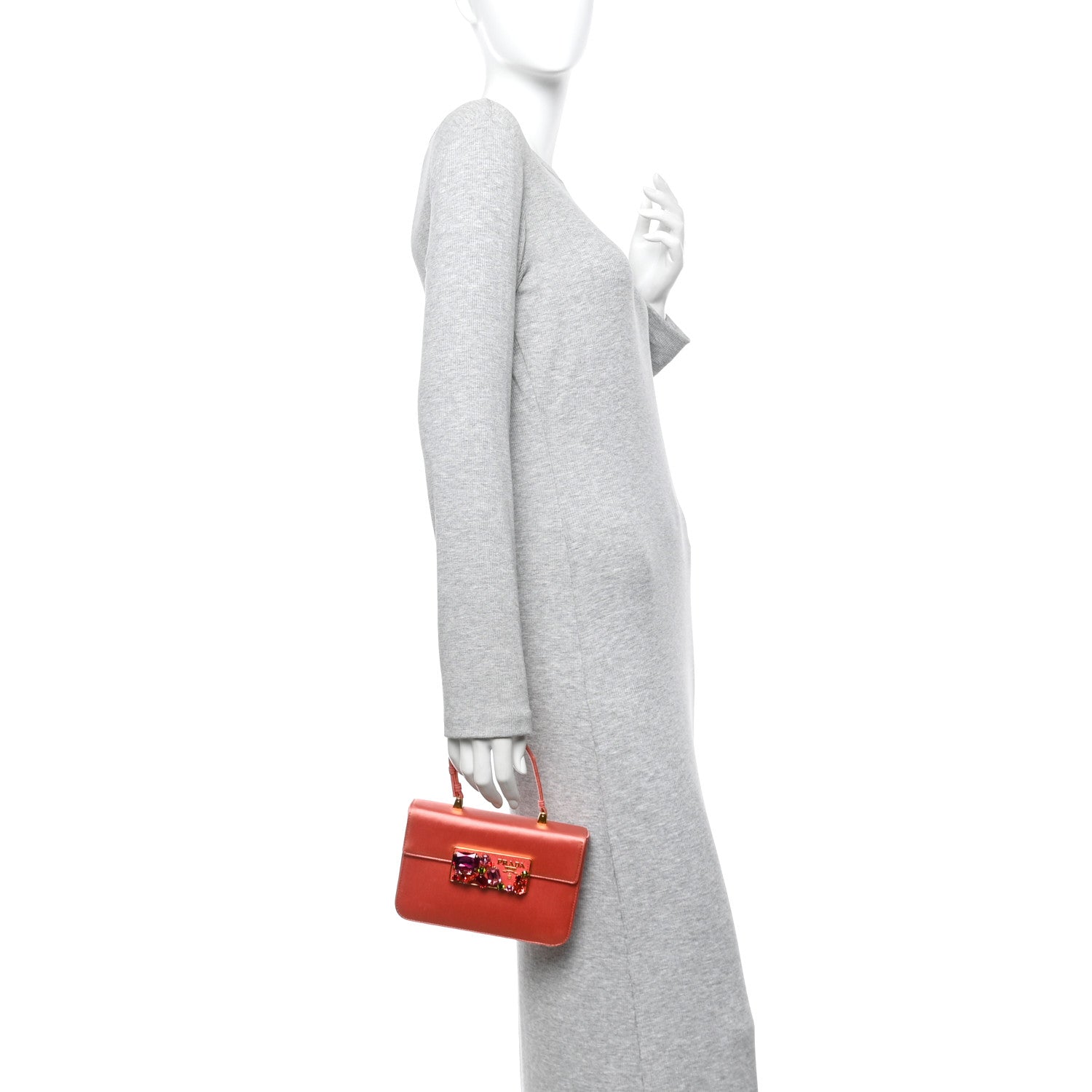 Prada Satin Raso Stones Embellished Top Handle Bag Corallo 2 of 14