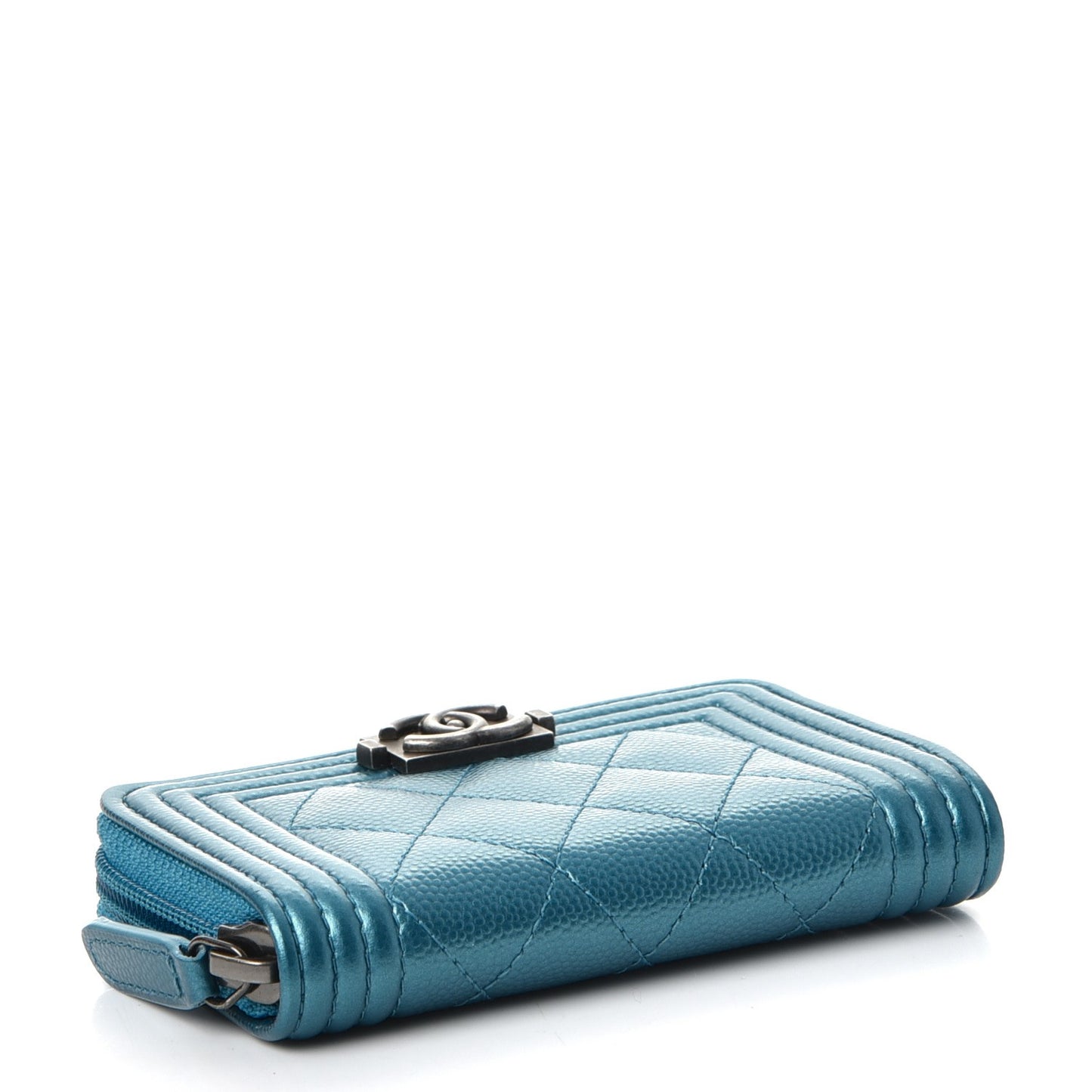 Metallic Caviar Quilted Boy Zip Around Coin Purse Wallet Turquoise