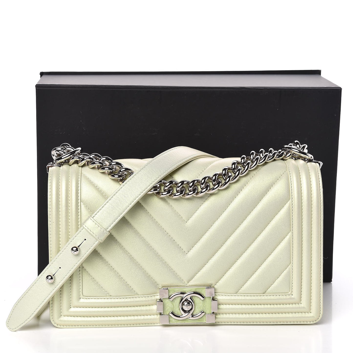 Iridescent Lambskin Chevron Quilted Medium Boy Flap Green