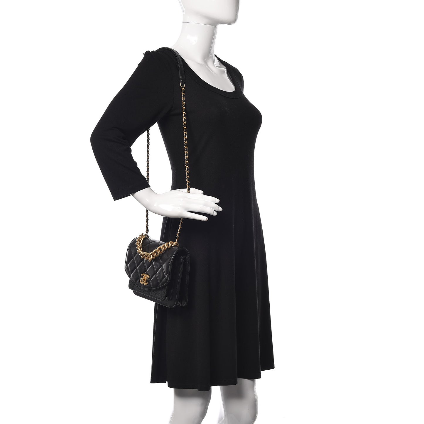 Calfskin Caviar Quilted Mini Chain Handle Flap Black