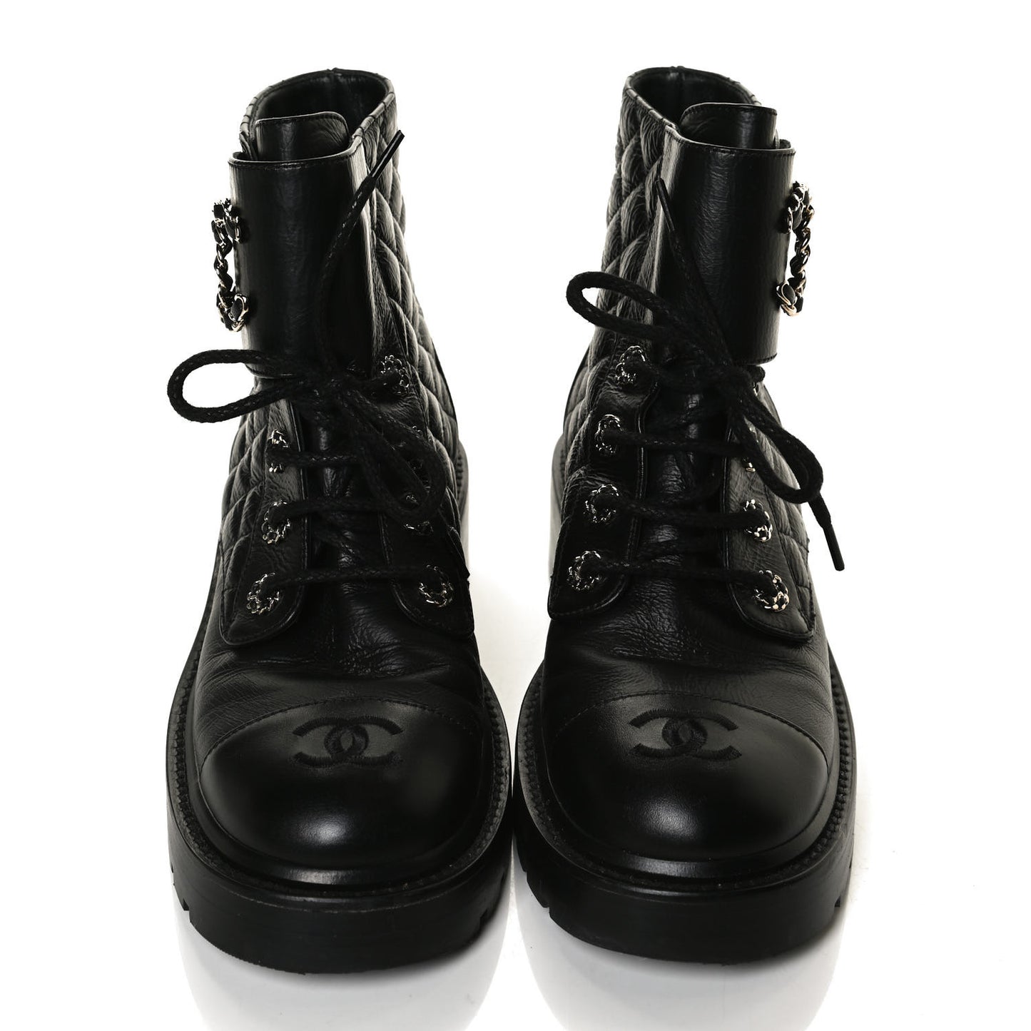 Shiny Goatskin Calfskin Quilted Lace Up Combat Boots 38 Black