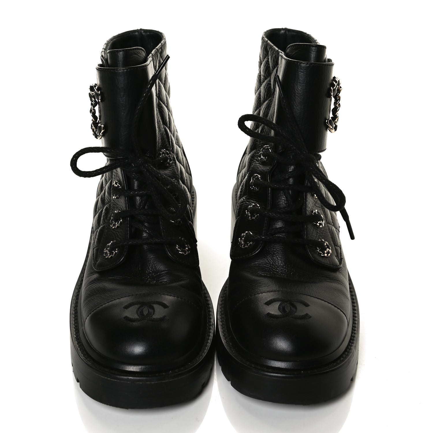 Chanel Shiny Goatskin Calfskin Quilted Lace Up Combat Boots 38 Black 5 of 13