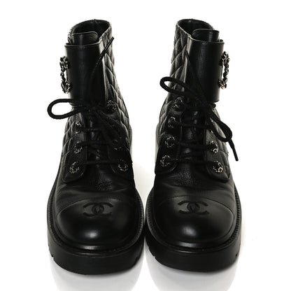 Chanel Shiny Goatskin Calfskin Quilted Lace Up Combat Boots 38 Black 5 of 13