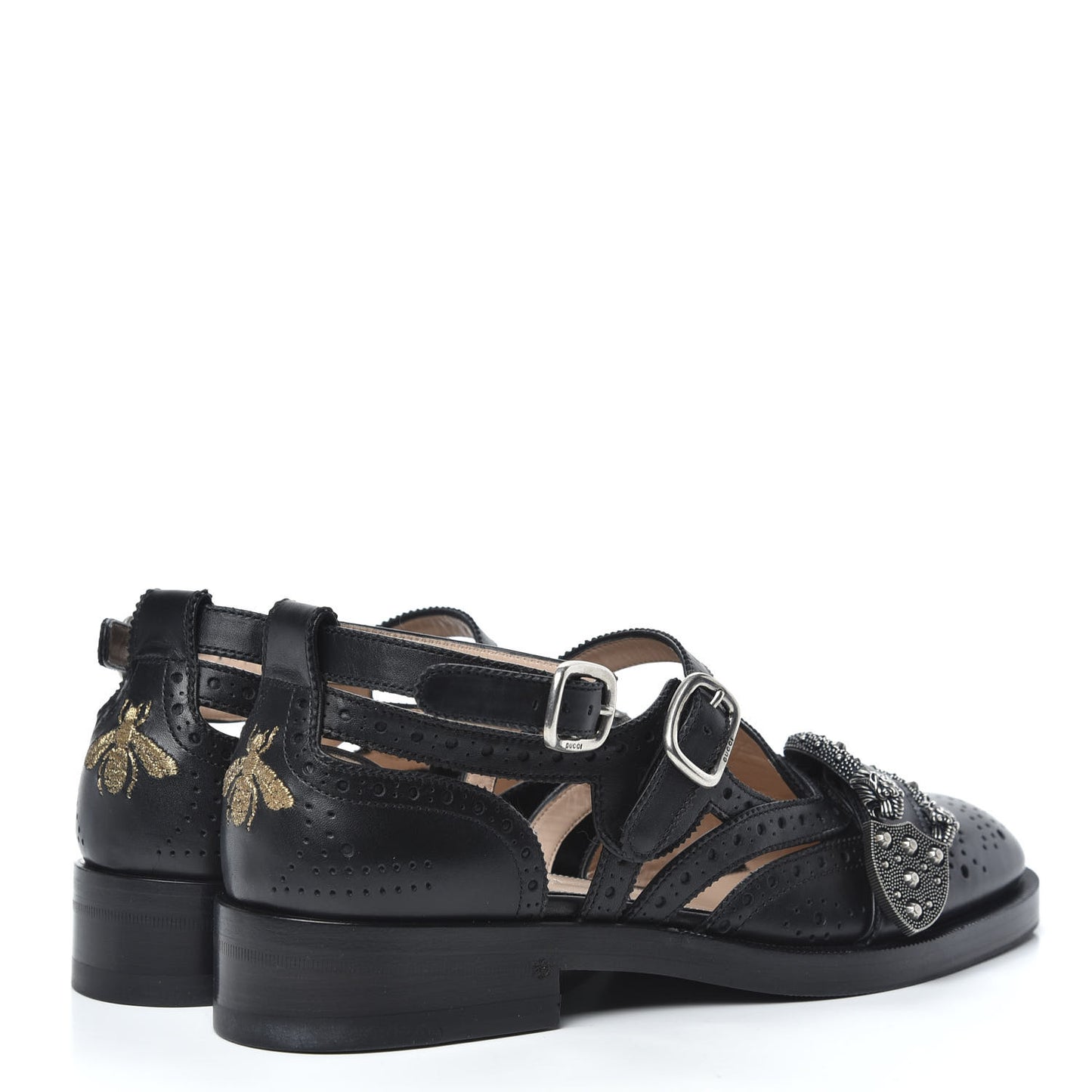Calfskin Bee Embroidered Womens Queercore Brogue Wingtip Monk Strap Loafers 38 Black