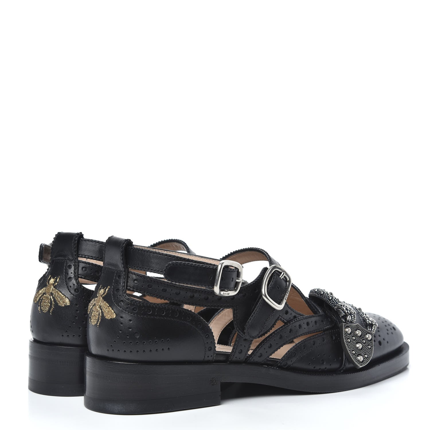 Gucci Calfskin Bee Embroidered Womens Queercore Brogue Wingtip Monk Strap Loafers 38 Black 4 of 8