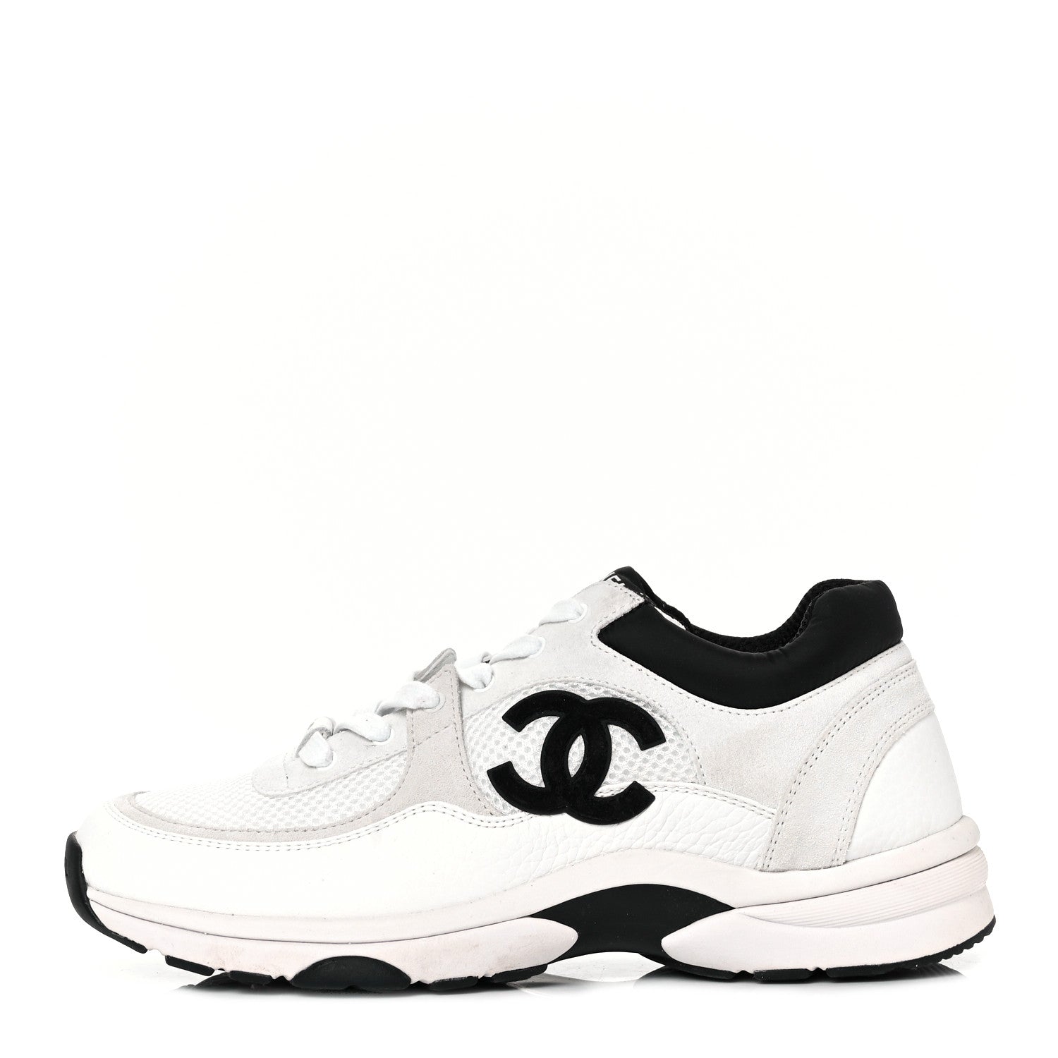 Chanel Mesh Suede Calfskin Grained Calfskin Womens CC Sneakers 39.5 White Black 1 of 8