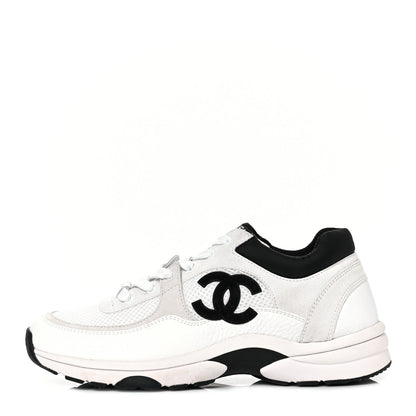 Chanel Mesh Suede Calfskin Grained Calfskin Womens CC Sneakers 39.5 White Black 1 of 8