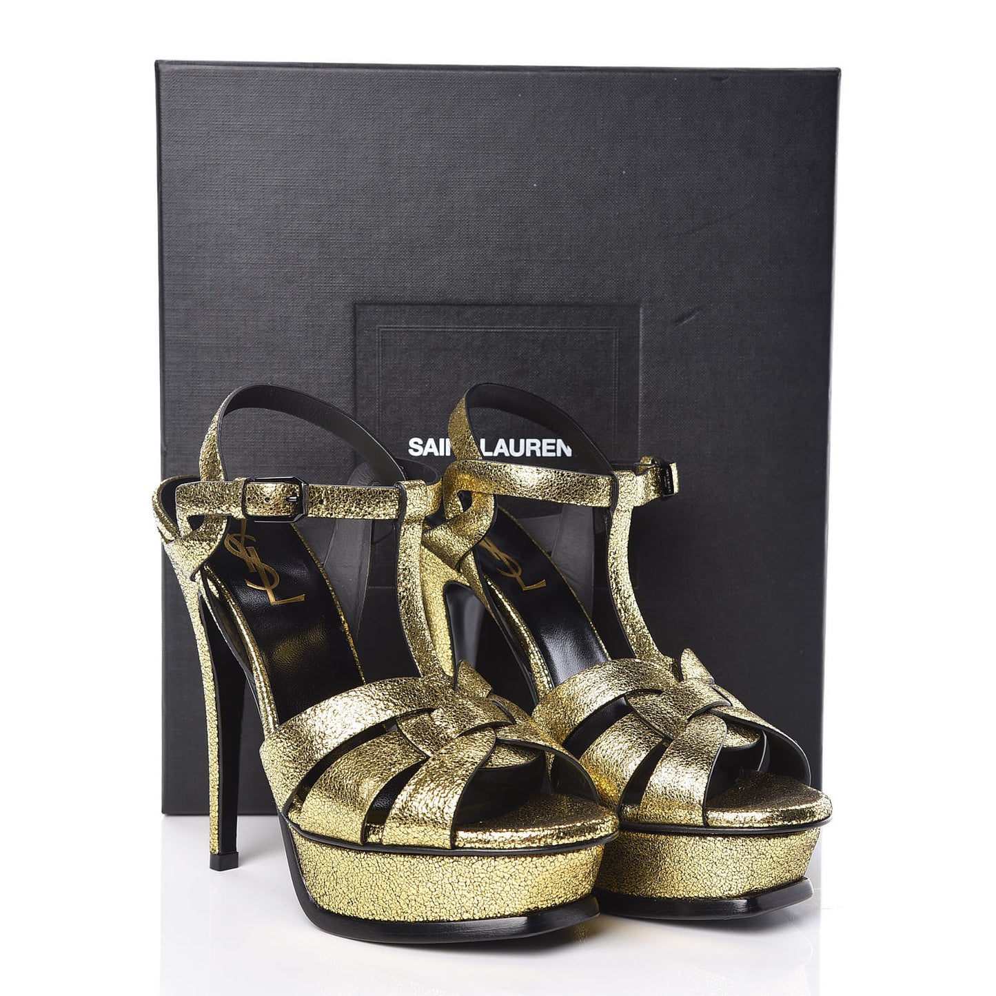 Metallic Crackled Calfskin Tribute 105 Platform Sandals 36.5 Black Gold