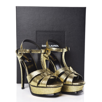 Saint Laurent Metallic Crackled Calfskin Tribute 105 Platform Sandals 36.5 Black Gold 8 of 8