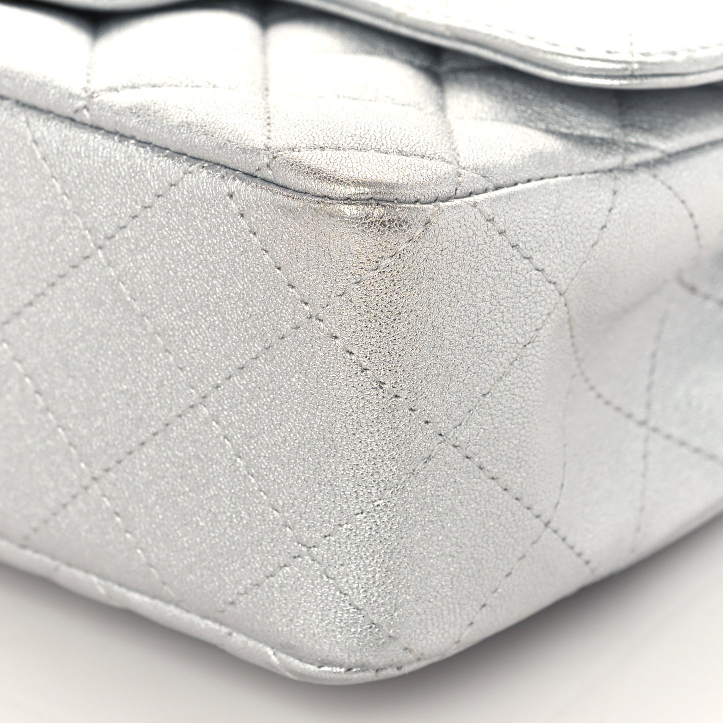 Metallic Lambskin Quilted Mini Rectangular Flap Silver