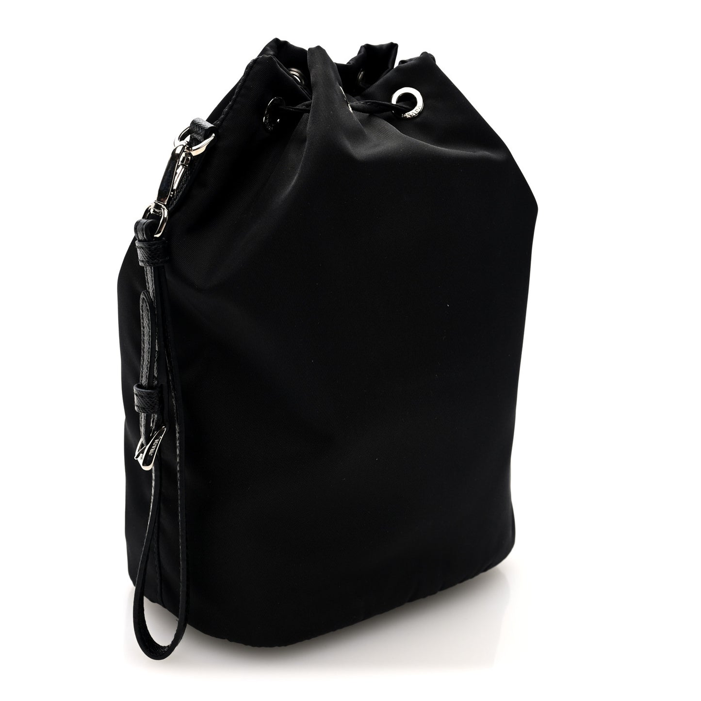 Saffiano Tessuto Re-Nylon Vela Bucket Wristlet Black