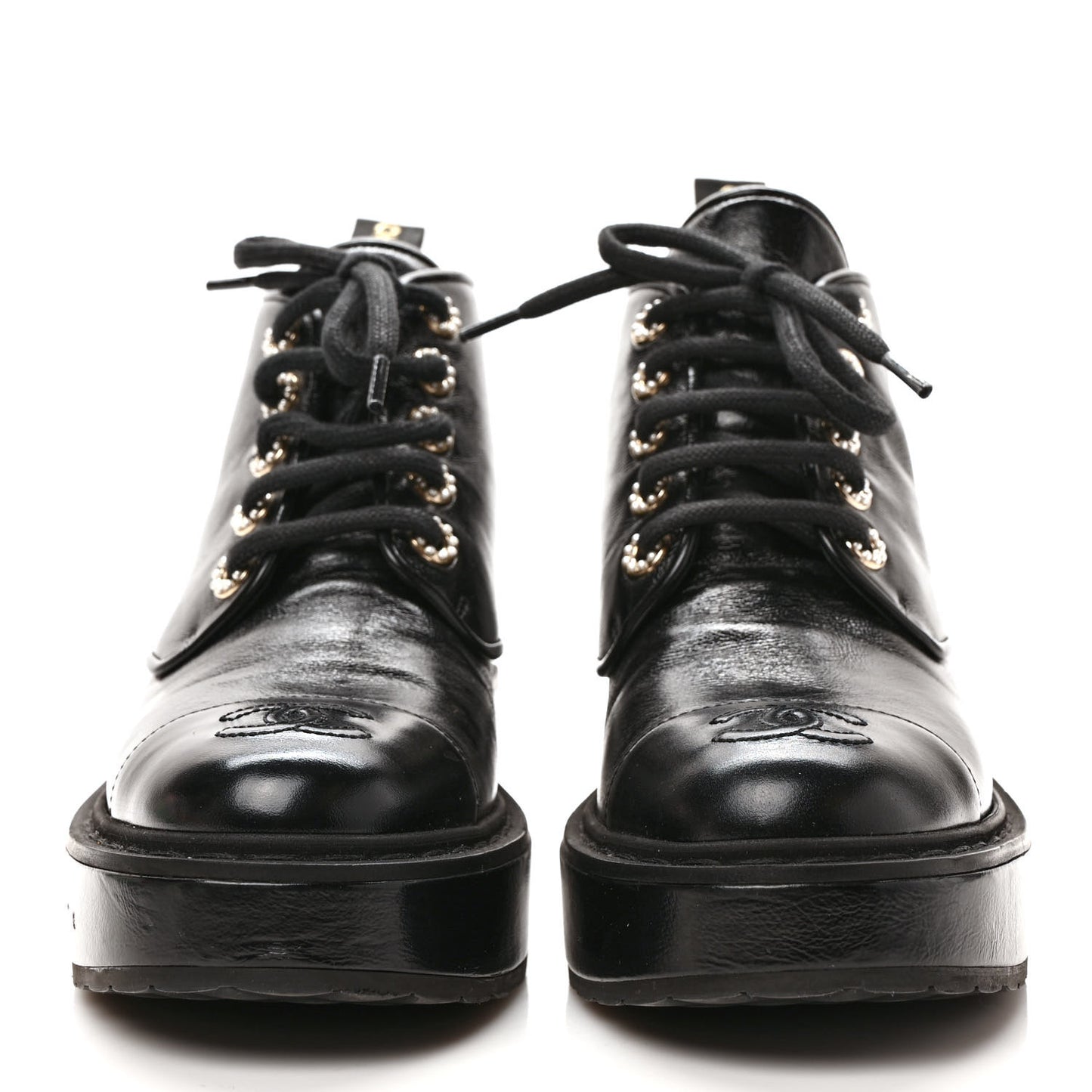 Shiny Calfskin Pearl Lace Up Combat Short Boots 36 Black