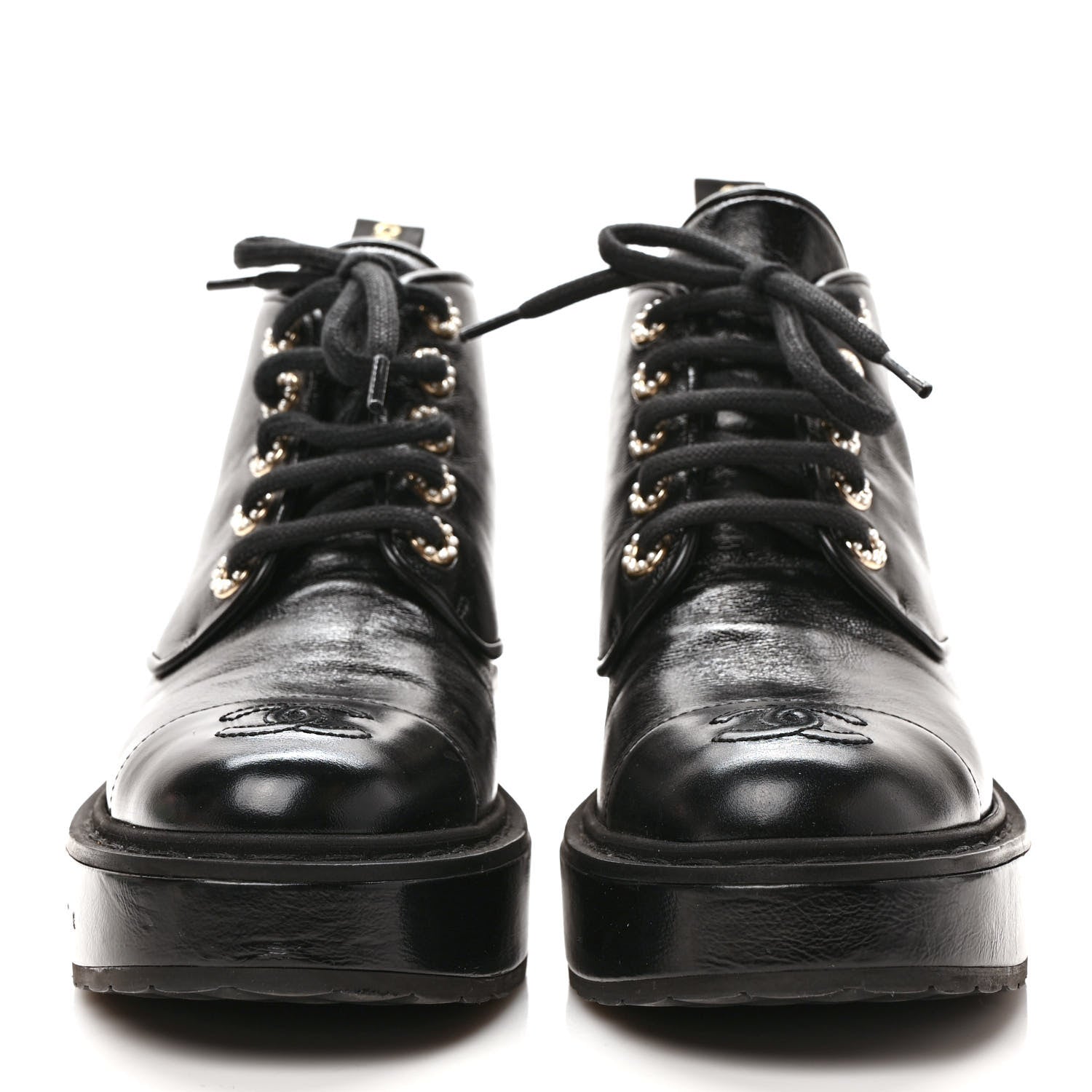 Chanel Shiny Calfskin Pearl Lace Up Combat Short Boots 36 Black 2 of 8