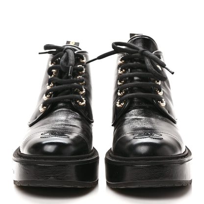 Chanel Shiny Calfskin Pearl Lace Up Combat Short Boots 36 Black 2 of 8