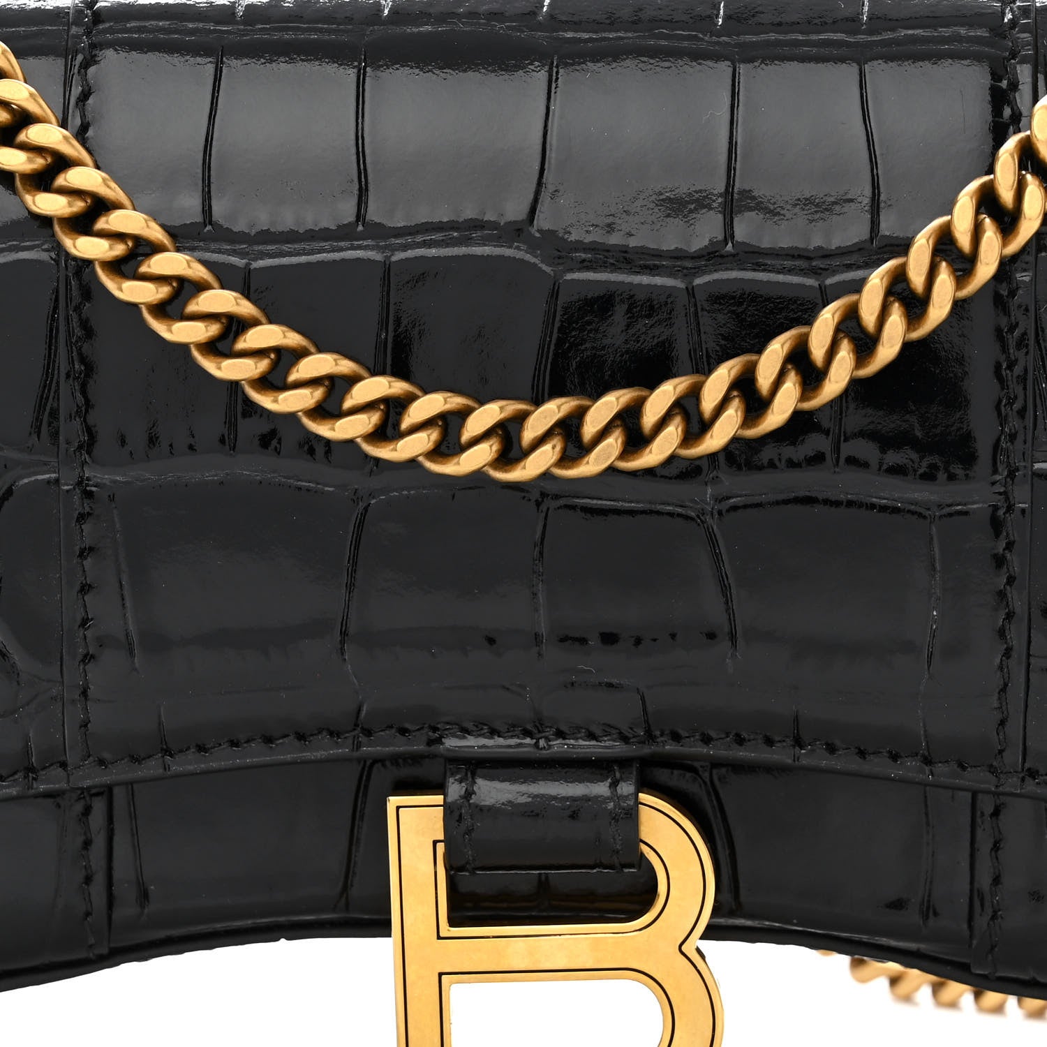 Balenciaga Shiny Calfskin Crocodile Embossed Hourglass Chain Bag Black 7 of 9
