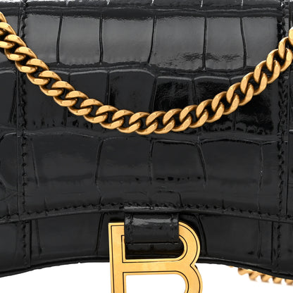 Balenciaga Shiny Calfskin Crocodile Embossed Hourglass Chain Bag Black 7 of 9
