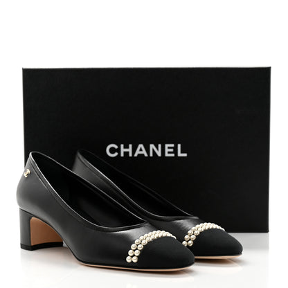 Chanel Lambskin Grosgrain Pearl Cap Toe CC Pumps 37 Black 9 of 9