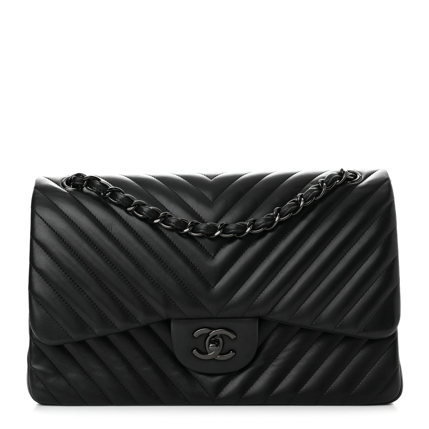 Lambskin Chevron Quilted Jumbo Double Flap So Black
