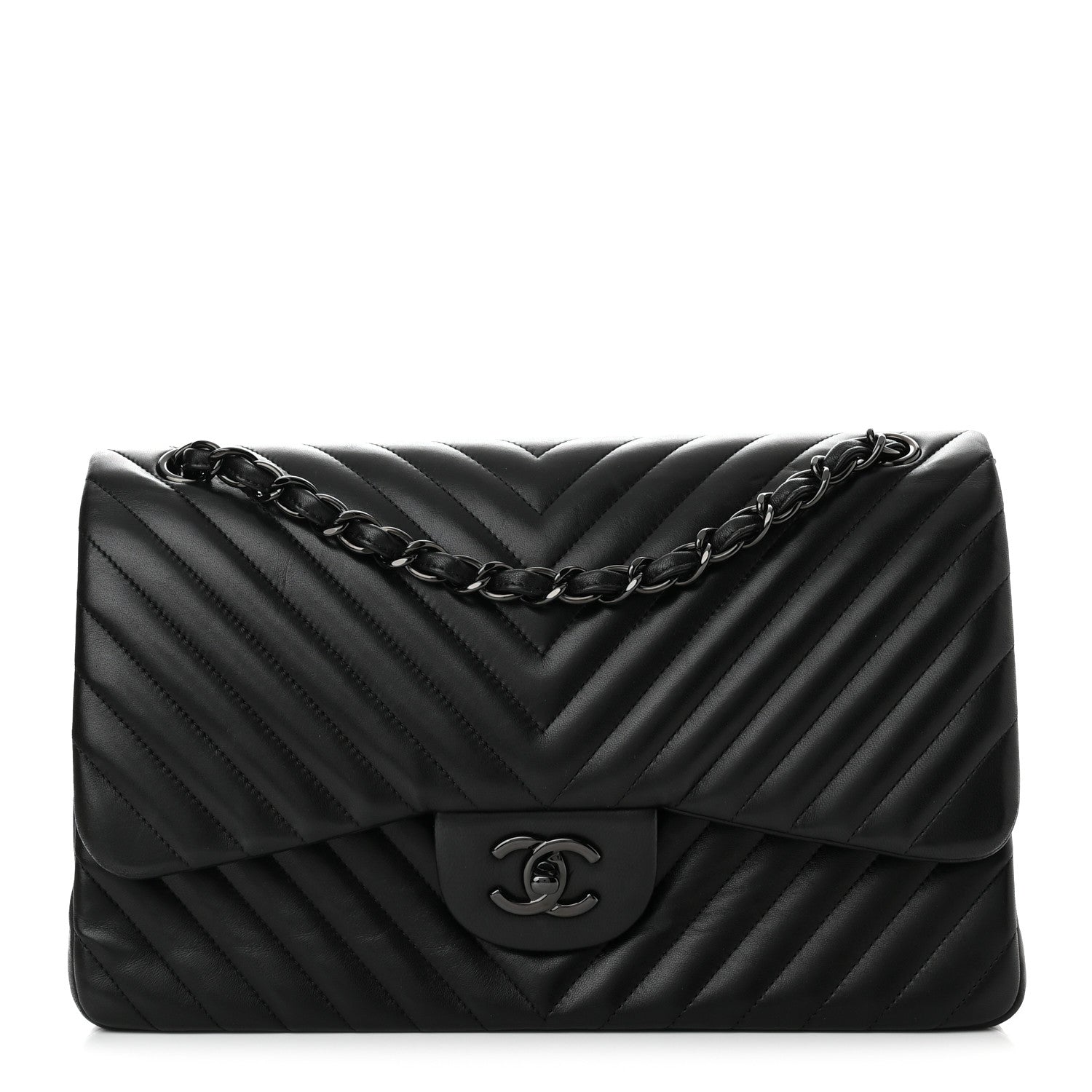 Chanel Lambskin Chevron Quilted Jumbo Double Flap So Black 1 of 10