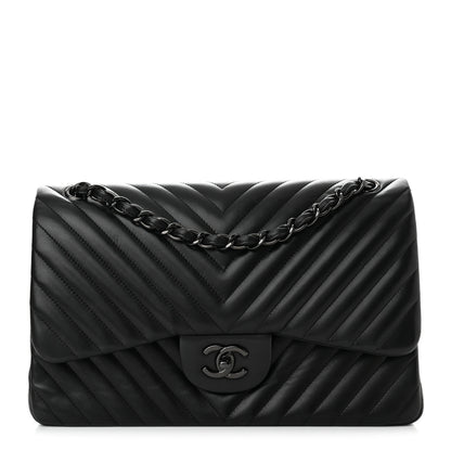Chanel Lambskin Chevron Quilted Jumbo Double Flap So Black 1 of 10