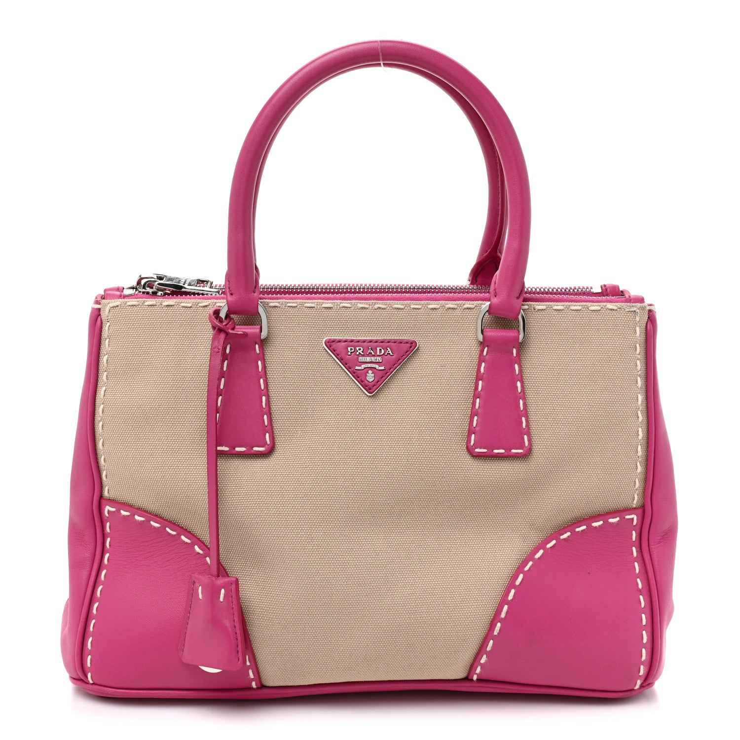 Prada Canvas City Calf Stitched Galleria Double Zip Tote Corda Peonia 1 of 17