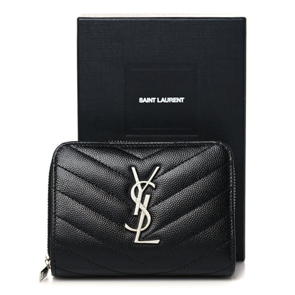 Saint Laurent Grain De Poudre Matelasse Chevron Monogram Compact Zip Around Wallet Black 9 of 9