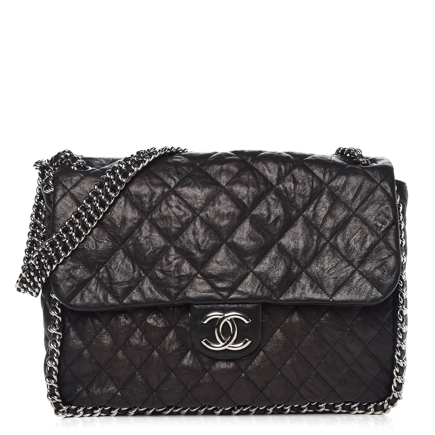 Washed Lambskin Quilted Maxi Chain Around Flap Black