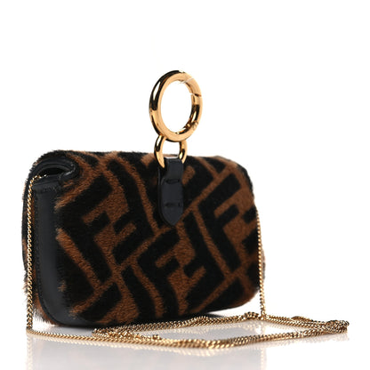 Fendi Sheared Sheepskin Vitello King FF Nano Baguette Charm Tobacco Moro Black 3 of 8