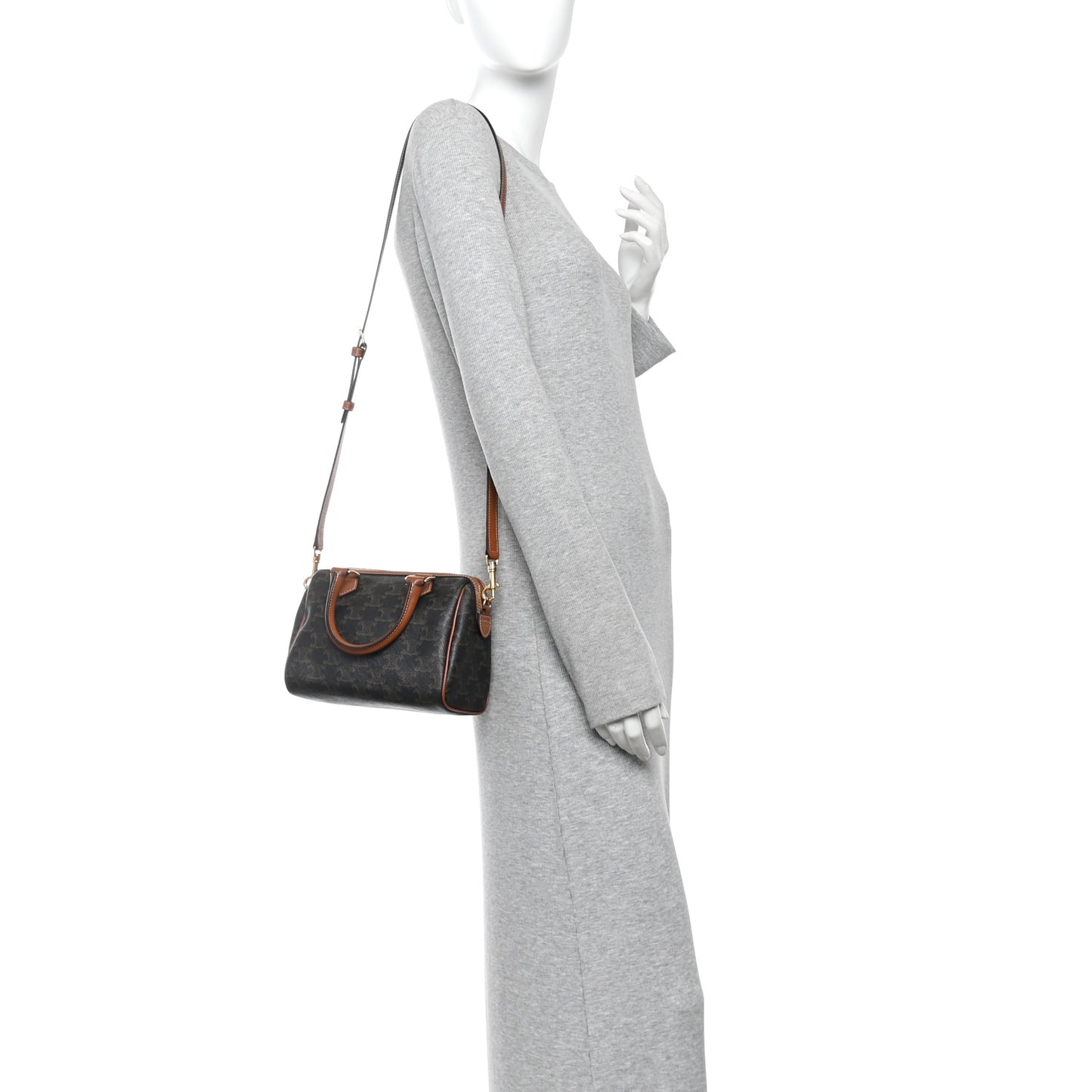 Triomphe Canvas Calfskin Small Boston Bag Tan