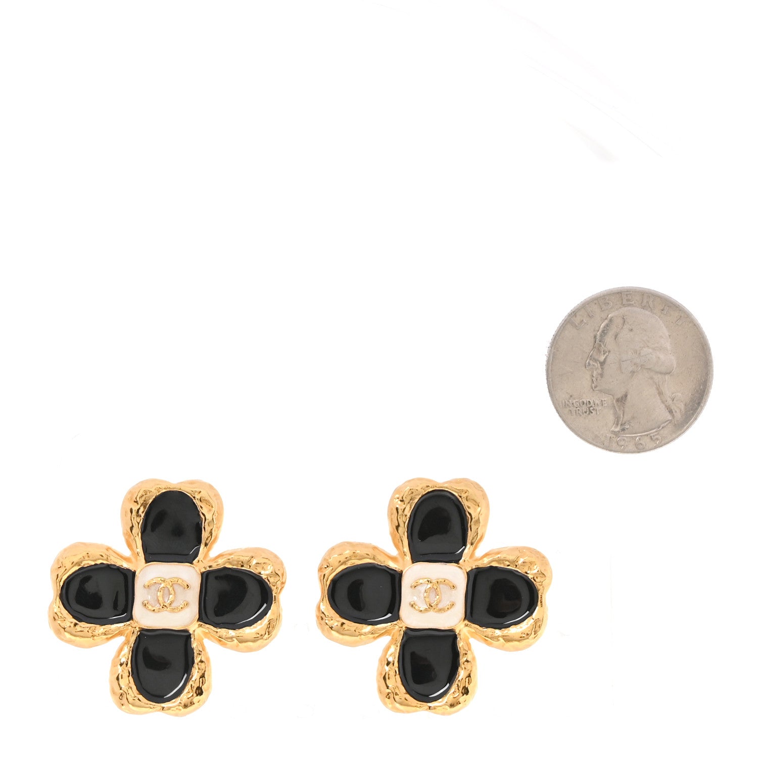 Chanel Resin Metal Glass CC Clover Earrings Gold Black White 2 of 4
