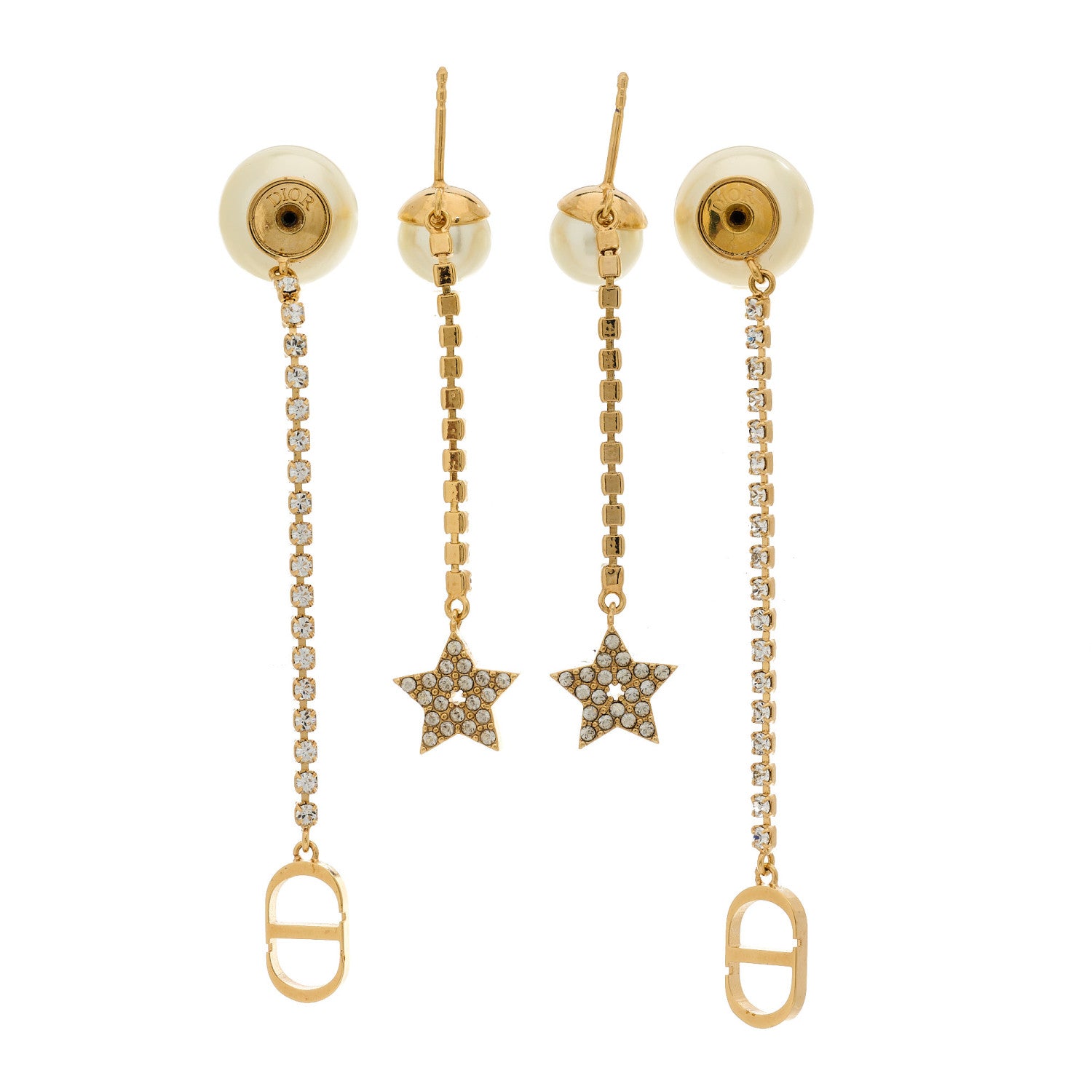 Christian Dior Pearl Crystal Star Tribale Dangle Chain Earrings Gold 3 of 5