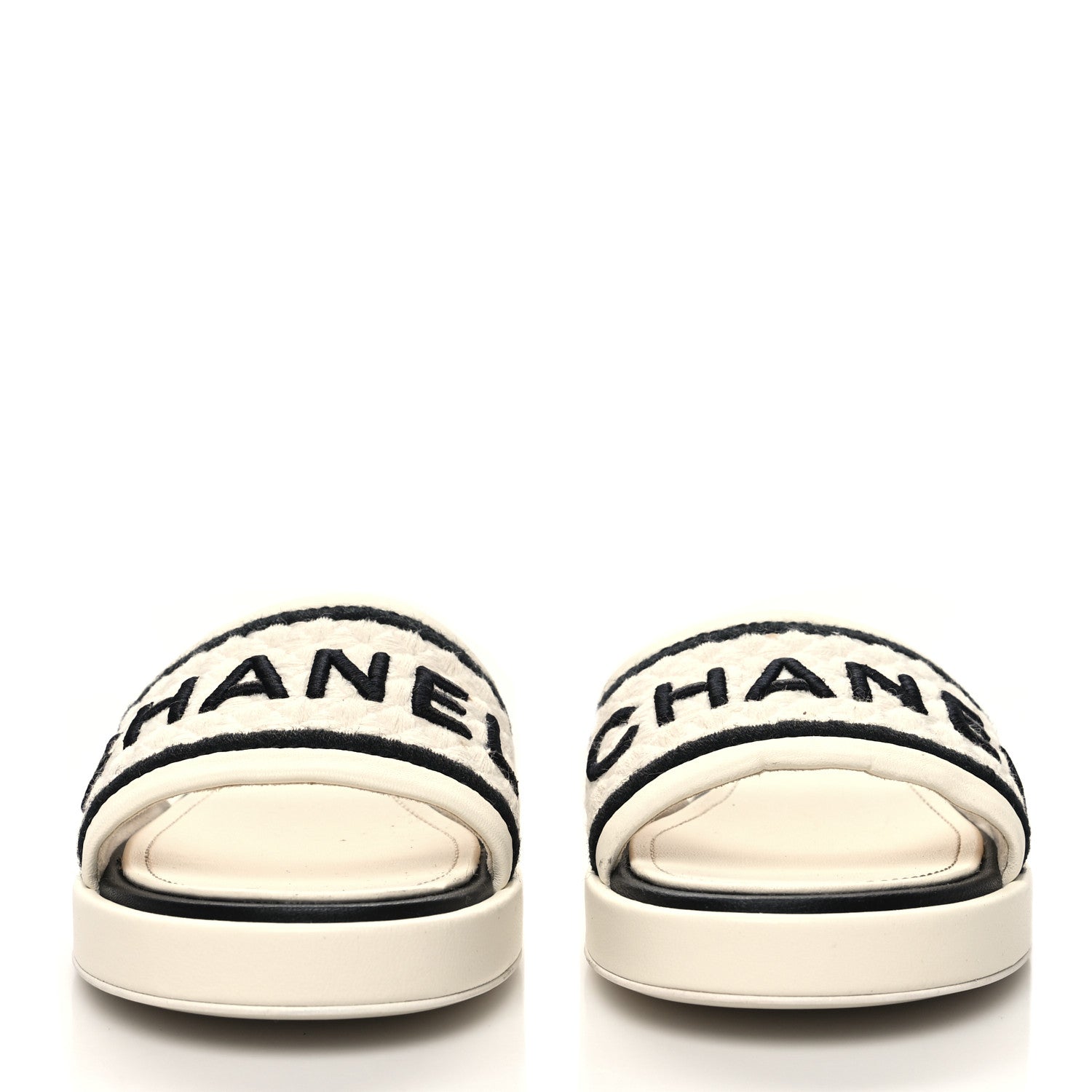Chanel Lambskin Embroidered Logo Mules 38 Ivory Black 2 of 10