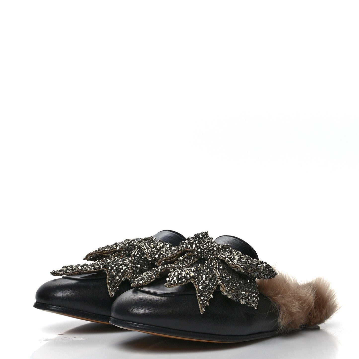 Malaga Kid Fur Crystal Bow Embroidered Womens Princetown Slippers 38.5 Black