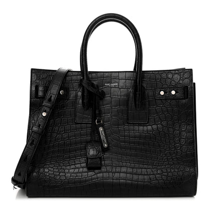 Saint Laurent Calfskin Crocodile Embossed Small Supple Sac de Jour Black 1 of 21